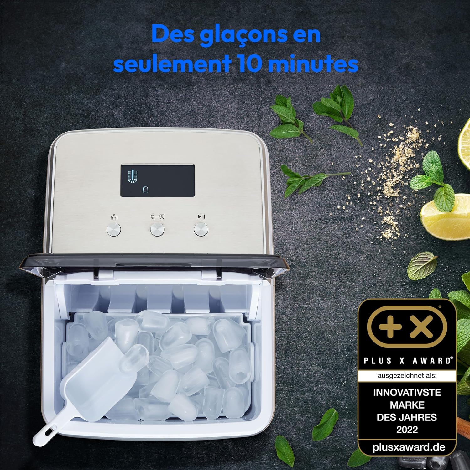 MEDION Ice maker (ice cube size small & large, 2.6 litre water tank, short production time approx. 10 minutes, crystal clear ice cubes, self-cleaning, control window, screen,