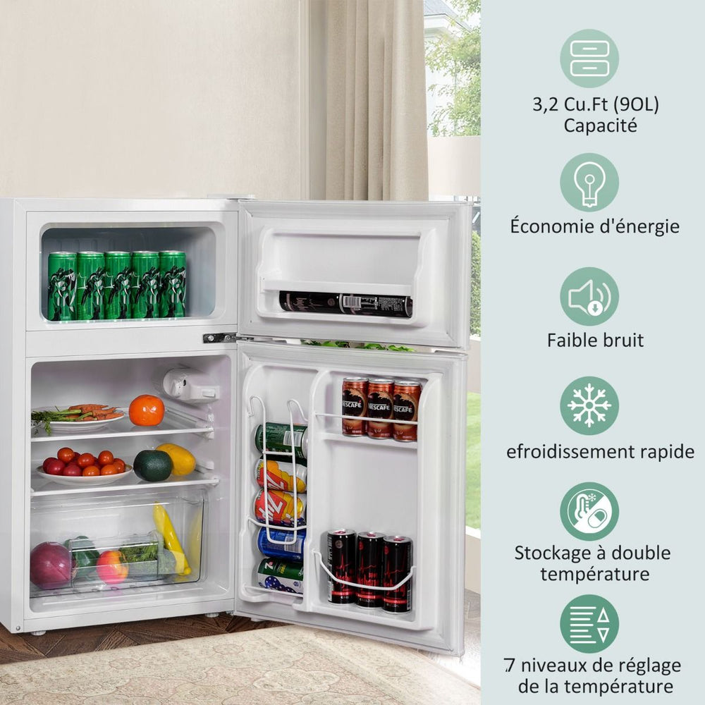 Réfrigérateur Compact Mini-réfrigérateur 90 L Congélateur Séparé avec Design à 2 Portes Lumière LED Grand Angle Blanc