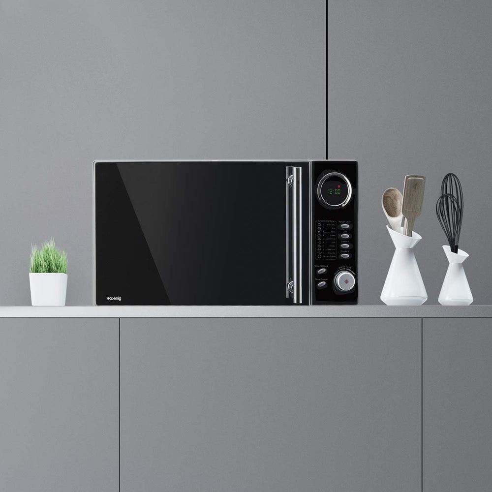 H.Koenig Four à Micro-ondes Compact Digital 20L VIO2, 700W, Plateau tournant 24,5cm, Multifonction Programmable 6 niveaux de chauffe, Décongélation et Express, Minuterie 60min, Effet mirroir noir