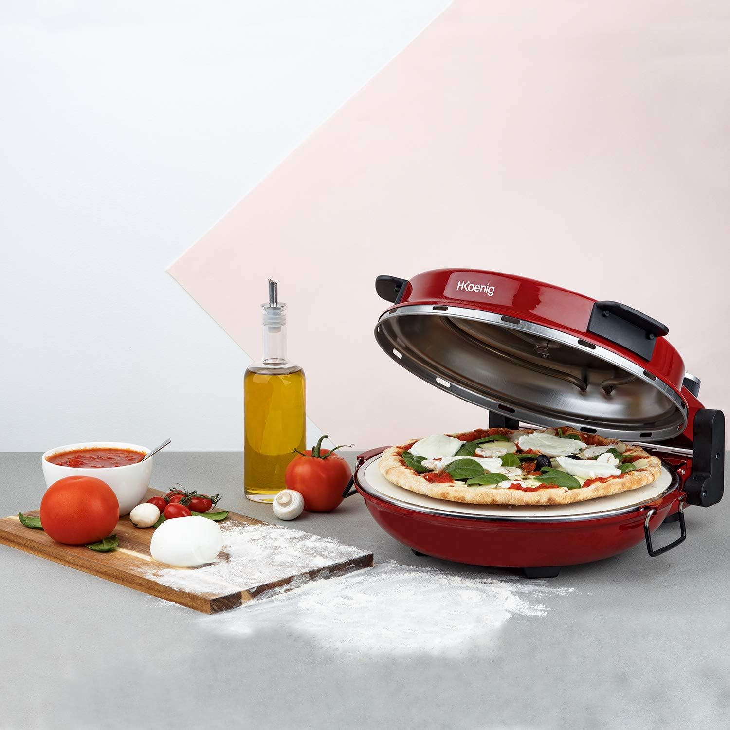 H.Koenig Four à Pizza électrique Professionnel Portable NAPL350, Multifonction, Tartes et Quiches, Grand Plateau en Pierre Céramique, Température 0 à 400°C, Minuterie, Roulette et Pelle en bois