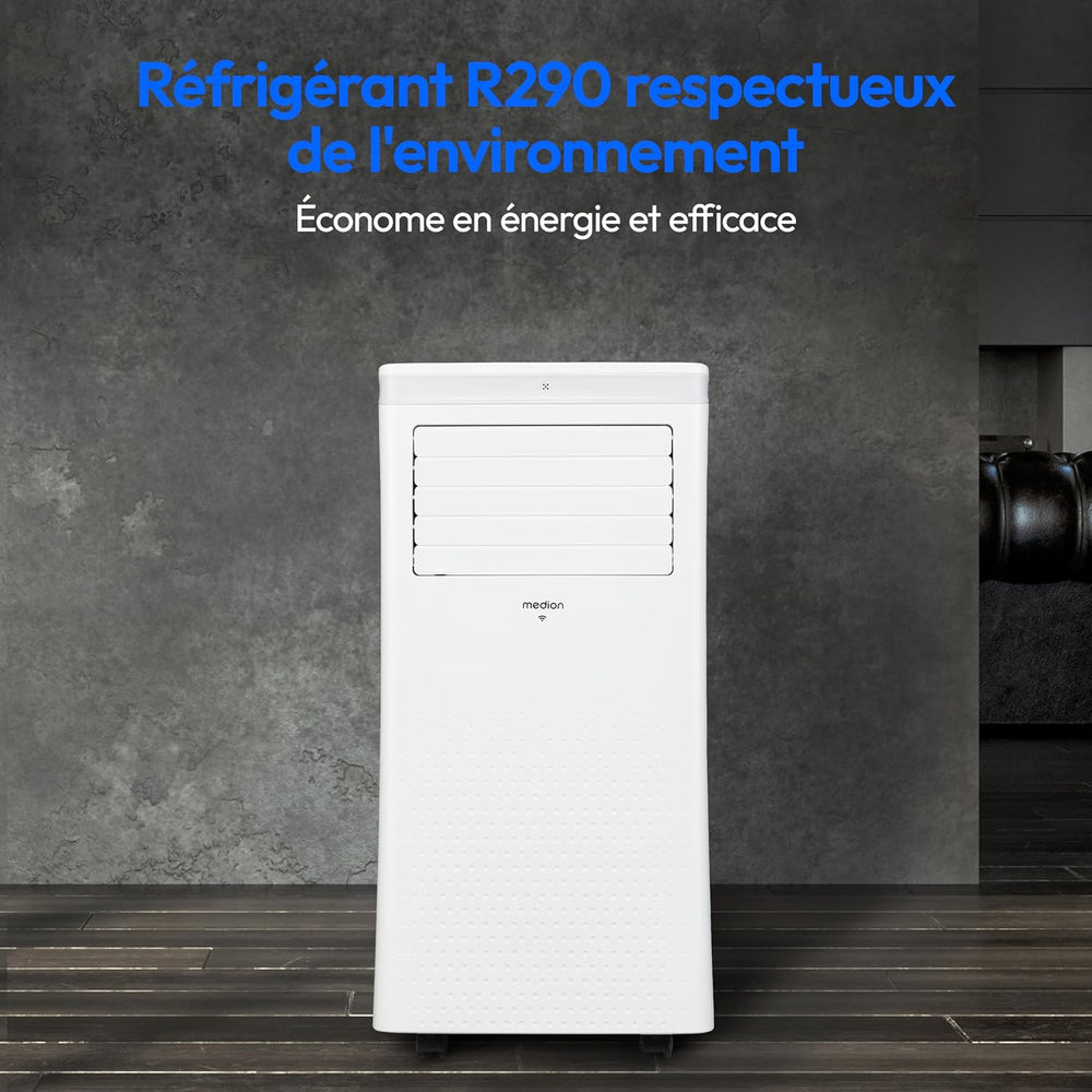 MEDION Smart Climatiseur Mobile P1002 (10000 BTU, 3-en-1, Refroidir, Déshumidification, Ventilation, jusqu'à 34m², kit de joint de fenêtre, mode sommeil, contrôle Wifi, Télécommande, Écran, MD 37733)