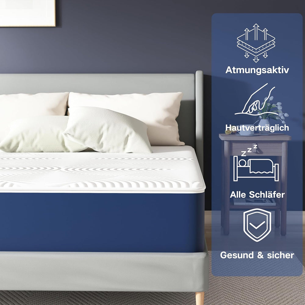 Matoresu Double Mattress 160 x 190 cm Memory Foam Height 25 cm Medium Rigid H3 Ergonomic 7 Zone Cold Foam Comfortable Breathable Fabric Cover
