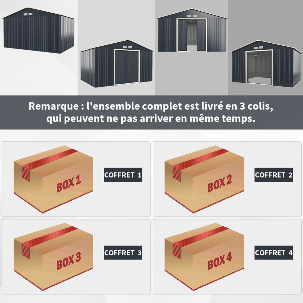 Abri de Jardin en Métal & Extension 10.85㎡ avec 2 Portes Coulissantes Verrouillables 4 Trous d’Aération Gris pour Vélo