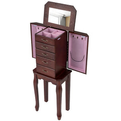 Standing Jewelry Armoire Cabinet with Flip Top Mirror, 4 Drawers, 2 Side Doors & Necklace Hooks, Vintage Wood Jewelry Storage Organizer Chest