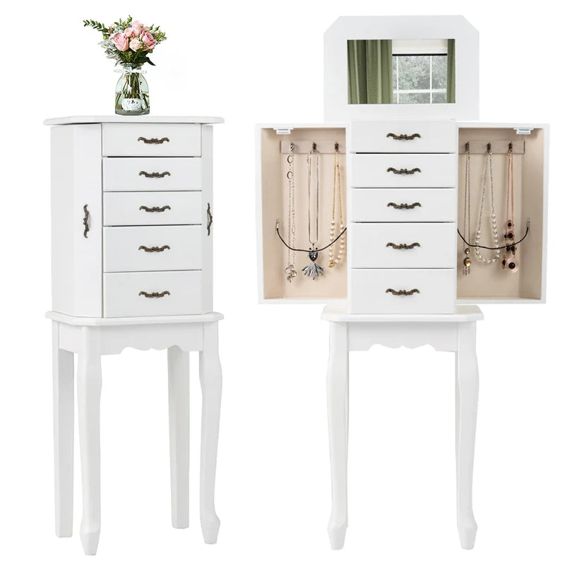 Standing Jewelry Armoire Cabinet with Flip Top Mirror, 4 Drawers, 2 Side Doors & Necklace Hooks, Vintage Wood Jewelry Storage Organizer Chest