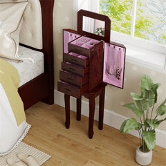 Standing Jewelry Armoire Cabinet with Flip Top Mirror, 4 Drawers, 2 Side Doors & Necklace Hooks, Vintage Wood Jewelry Storage Organizer Chest