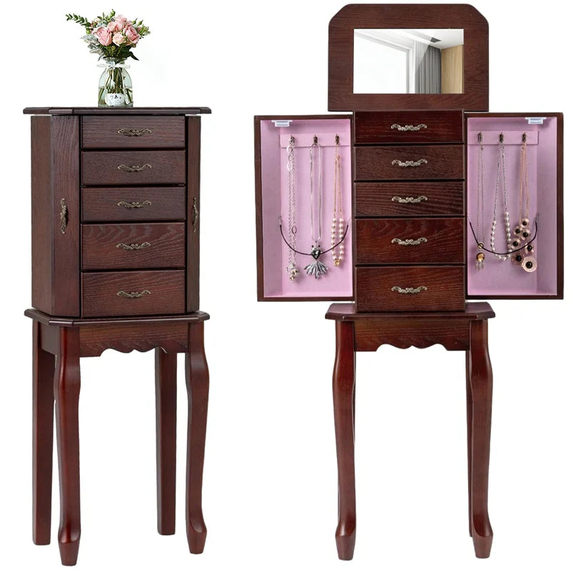 Standing Jewelry Armoire Cabinet with Flip Top Mirror, 4 Drawers, 2 Side Doors & Necklace Hooks, Vintage Wood Jewelry Storage Organizer Chest