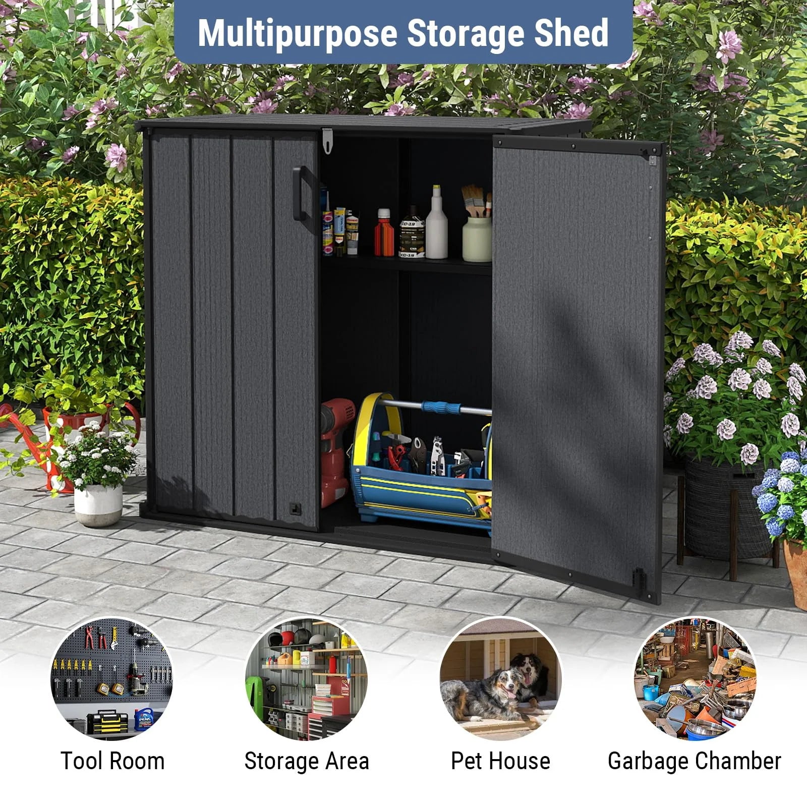 Tangkula 175 Gallon All-Weather Outdoor Storage Box with Lockable Door & Removable Shelf