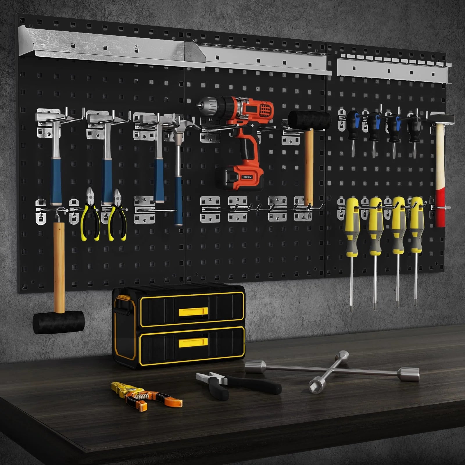 3 Pcs Metal Pegboard Panels w/25 Hooks, Storage Platform & Square Hole, Heavy Duty Pegboard Wall Organizer, Peg Board for Workshop Tool Storage